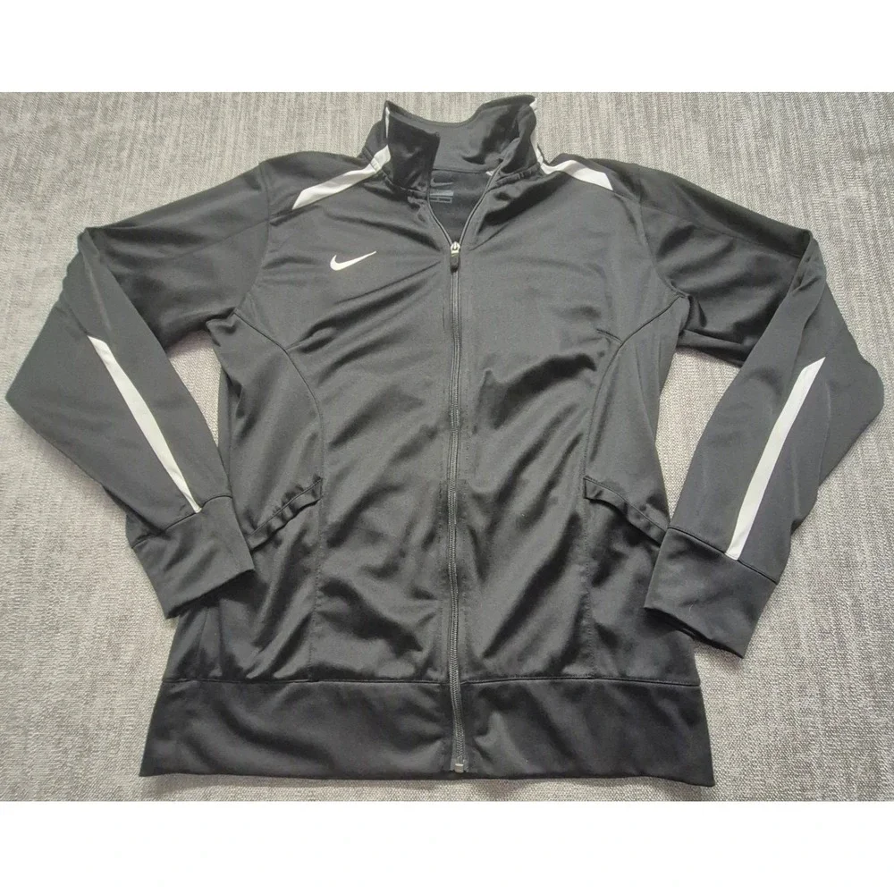 Nike women's black track jacket LG full zip pockets white piping athletic sports
